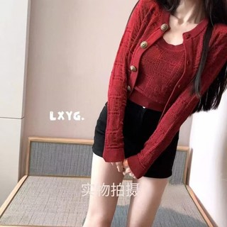 Người Nổi Tiếng Rỗng Dài Tay Dệt Kim Cardigan Vest Hai Mảnh Phù Hợp Với Nữ Mùa Thu 2024 Phong Cách Mới Ngắn Áo Len Mỏng