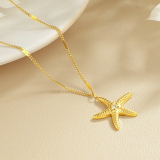 Vòng cổ sao biển vàng dòng Ocean mạ vàng 18k, mặt dây chuyền ngôi sao phong cách đi biển Châu Âu và Mỹ, dây chuyền xương đòn nữ bằng thép titan không phai màu