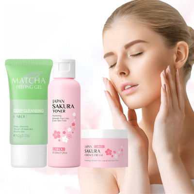 Laikou Facial Cleaning Dưỡng Ẩm Set Matcha Peeling Gel Sakura Toner Essence Cream Gentle Cleaning Tăng cường Rào cản Da Dưỡng ẩm Cân bằng tông màu da