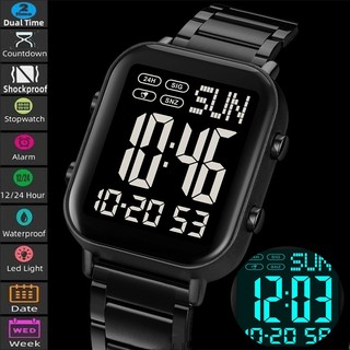 Skmei Đồng hồ đeo tay thời gian kép Đồng hồ đeo tay bằng thép không gỉ sang trọng Dây đeo đèn LED Đồng hồ báo thức nam Kỹ thuật số chống nước