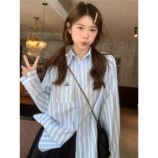【BANKO】Áo sơ mi dài tay sọc xanh cổ áo polo mùa thu Hàn Quốc