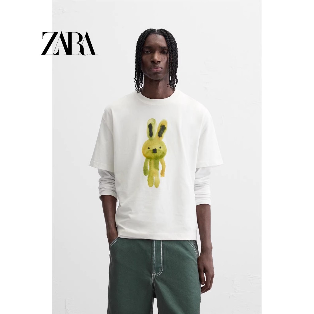 Zara Mới Quần Áo Nam Nữ Mài Trắng Rời Cotton In Hình Cổ Tròn Tay Ngắn 5644833