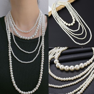 Vòng cổ ngọc trai nhiều lớp dài Vòng cổ cô dâu Trang sức Vòng cổ ngọc trai năm lớp phóng đại