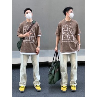 PEAR DODO Áo thun cotton in chữ hip hop Mỹ màu nâu nam thời trang mùa hè thương hiệu dáng rộng hàng đầu