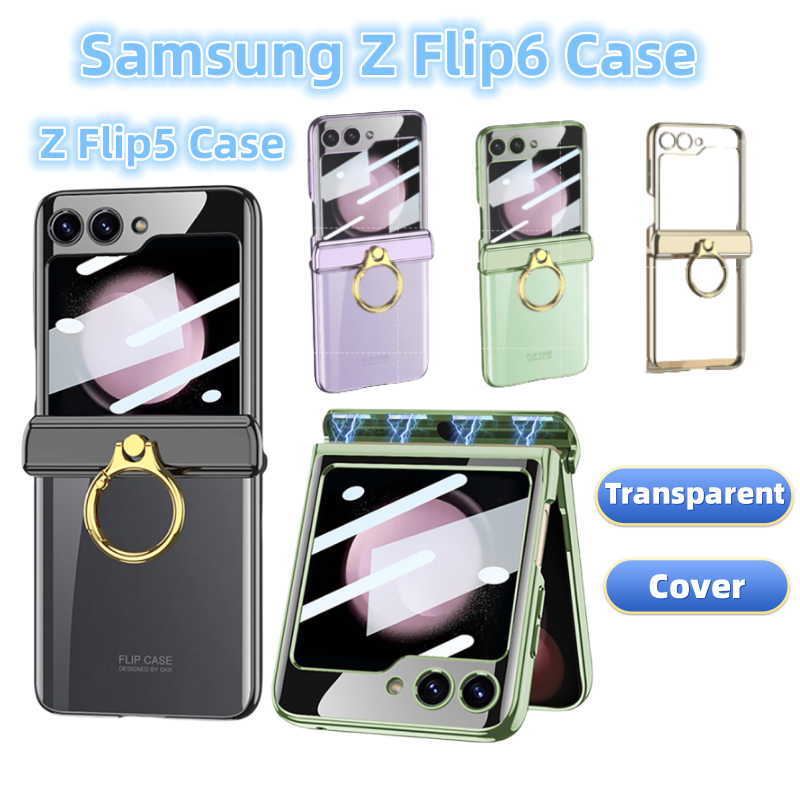 Ốp lưng trong suốt trơn mỏng cho Samsung Galaxy Z Flip 6 5 có giá đỡ nhẫn Samsung Z Flip5 Flip6 Z 6 Vỏ điện thoại bảo vệ trong suốt