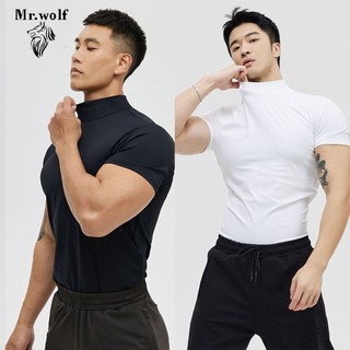 Áo Thể Thao Nam  Đen Trắng Cao Cổ Người đàn ông ngắn tay đàn hồi thể dục thể thao chạy thoải mái ngắn tay áo thun nam bó sát