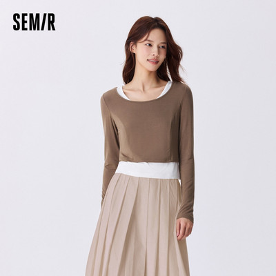 Semir Nữ Dài Tay Áo Thun Ngắn Crop Slim Fit Màu Trơn Tank Top Thu Đông 2024 Mới Chặt Hai Mảnh Bộ Thanh Lịch