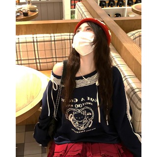 Áo hoodie trễ vai ren chắp vá chính hãng dành cho nữ mùa thu phong cách Hàn Quốc