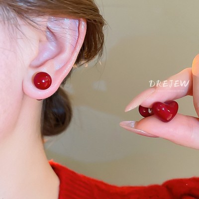 DREJEW Bạc Kim Đỏ Hai Cánh Trái Tim Bông Tai Ngọt Ngào Phong Cách Thoáng Mát Bông Tai Đơn Giản Cho Nữ