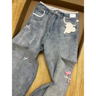 QADCOL Quần jean giảm béo dáng rộng vừa vặn dành cho nữ nhỏ nhắn có ren chi tiết