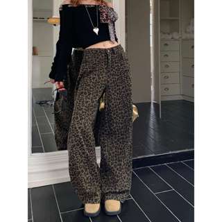 「MOTEL7」Retro Da Báo In Eo Cao Denim Quần Ống Rộng Quần Sàn Quần Dài