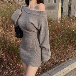 Váy liền mặc trong dệt kim TRỄ VAI VÁY ôm hông phối bên trong mẫu mới mùa thu cho nữ váy ngắn áo len