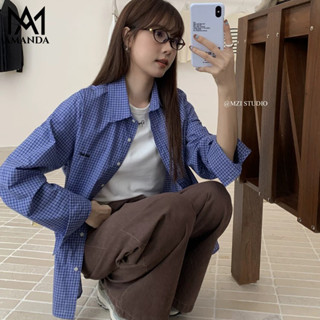 AMANDA Áo sơ mi kẻ ô vuông tay dài mới dành cho nữ.thêu chữ kỹ thuật số cao cấp.áo sơ mi nữ