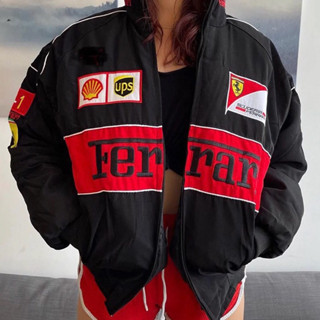 Áo khoác đua F1 Tay dài Retro Xe máy Ferrari Đội mùa thu đông Quần áo thêu Cotton