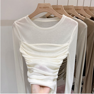 Phiên bản Hàn Quốc đầu mùa thu lưới xếp li mỏng vừa vặn áo thun dài tay