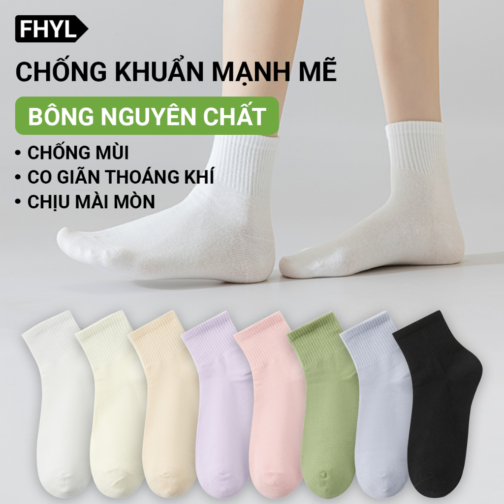 FHYL Tất Cotton Thể Thao Cổ Trung Viền Gân Năng Động Co Giãn Thoáng Khí Nhiều Màu Sắc Phong Cách Hàn Quốc Mùa Xuân Hè Cho Nữ