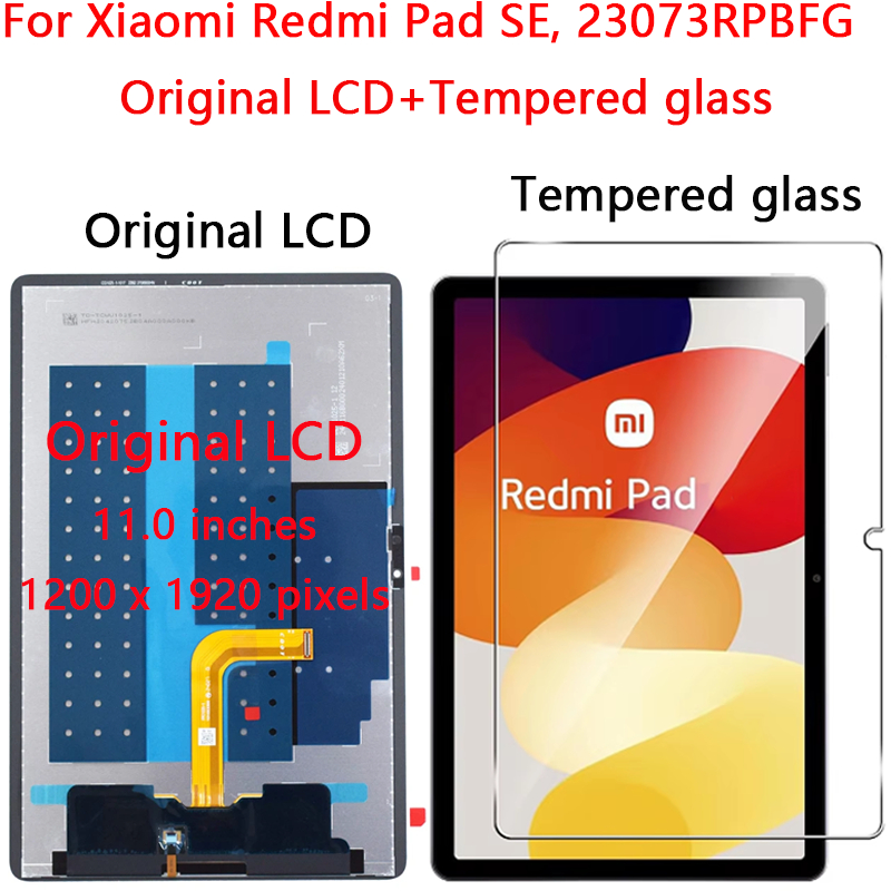 11.0 "Màn hình LCD chính hãng mới cho Xiaomi Redmi Pad SE, 23073RPBFG Màn hình LCD Bộ số hóa màn hình cảm ứng Bộ phận sửa chữa lắp ráp kính + Kính cường lực