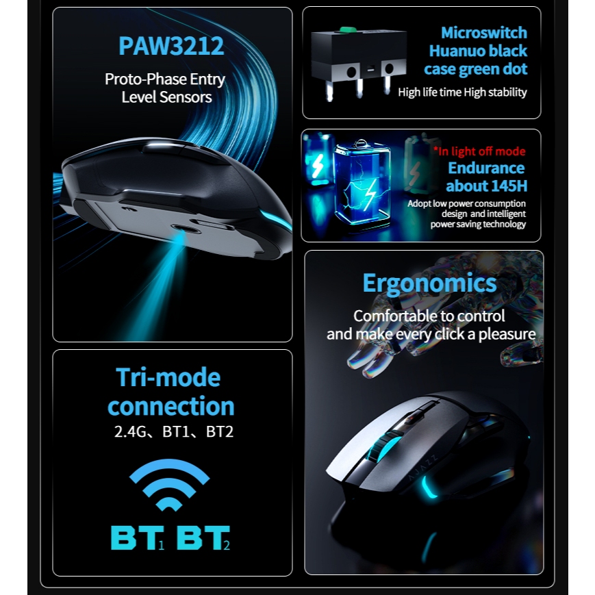 Ajazz AJ039 Chuột Chơi Game Không Dây 2.4G Bluetooth Ba Chế Độ Chuột PAW3212 Tiện Dụng Tùy Chỉnh PC Laptop Máy Tính Để Bàn Phụ Kiện Quà Tặng | BigBuy360 - bigbuy360.vn