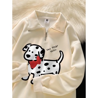 Áo khoác hoodie nửa zip hình chó đốm dành cho nữ, áo cổ Polo phong cách lười biếng mùa thu đông