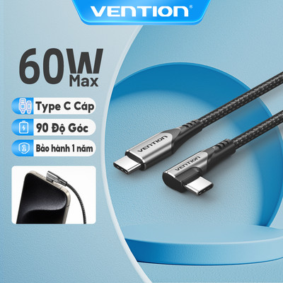 60W Vention USB C Sang USB C 3A Cáp Sạc 90 Độ Góc Cáp Dữ Liệu USB 2.0 Cáp Cho iphone 15 16 Series Samsung Xiaomi Air Macbook iPad Pro