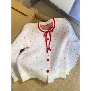 Áo khoác len ngắn chấm bi màu đỏ dành cho nữ mùa thu đông, áo len dệt kim nhỏ phong cách Hàn Quốc mới