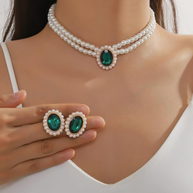 Pháp Retro Phong Cách Tòa Án Đôi Ngọc Trai Ngọc Trai Ngọc Bảo Vòng Cổ Bông Tai Bộ Cho Bé Gái Váy Cướ