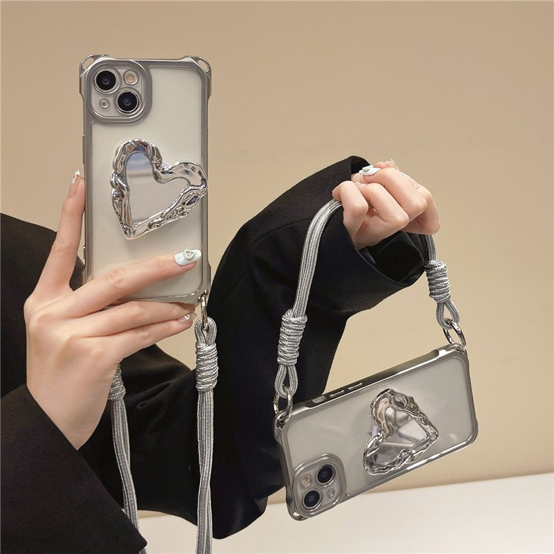 Mạ Giá Đỡ Trái Tim Đeo Ngang Dây Tương Thích Cho iPhone 11 13 12 14 15 16 Pro Max XS Max XR XS X 7 8 Plus Giá Đỡ Vỏ Điện Thoại Mềm