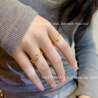 Nhẫn titan cao cấp nữ không gỉ mạ vàng 24k thiết kế nhiều tầng đính đá thời trang trẻ trung