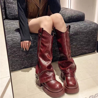  Giày Bốt Nữ Thu Đông 2025 Phong Cách Mới Dày Gót Dày Giày Bốt Đế Dày Nữ Phong Cách Anh Dây Kéo Ngón Tròn Không Đầu Gối Hiệp Sĩ Giày 