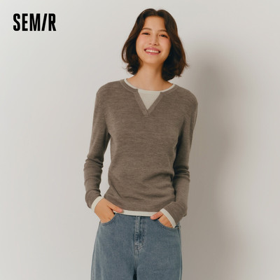 Semir Áo dệt kim nữ Semir có cổ tròn mỏng vừa vặn sành điệu mùa đông 2024 Áo len hai mảnh giả màu mới