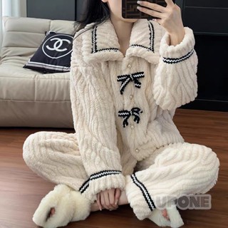 Bộ đồ ngủ bằng vải flannel kiểu mới mùa thu đông dành cho phụ nữ, bộ đồ ngủ bằng vải nhung dày và giữ ấm ngọt ngào UPONE