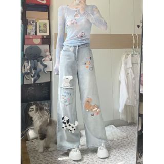 Quần jean chân thẳng vải hoạt hình vui tươi màu xanh nhạt dành cho nữ mùa thu mới eo cao, vừa dáng rộng, Quần ống rộng