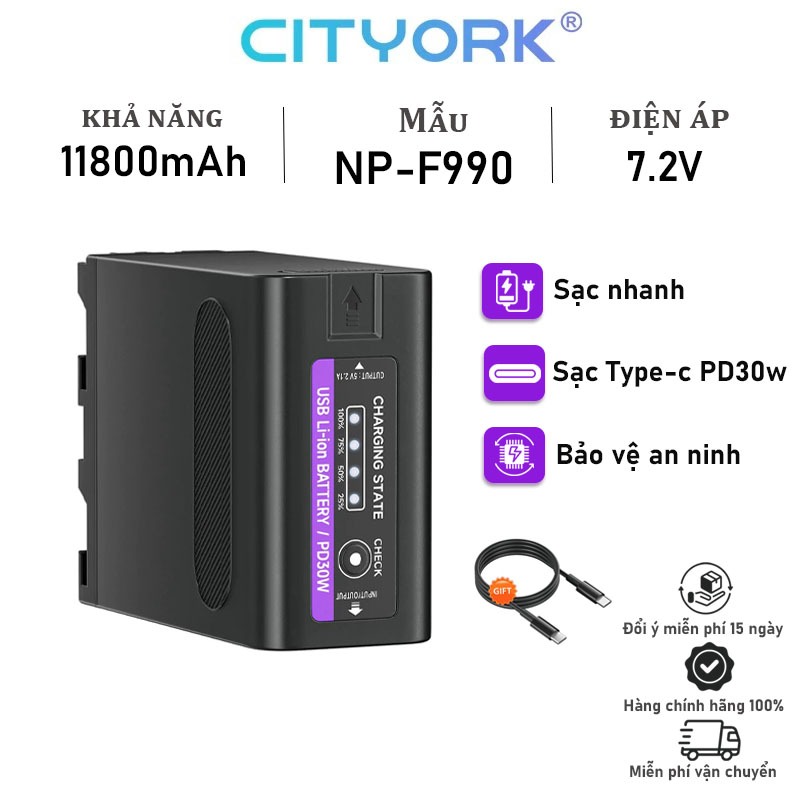 Pin máy ảnh CITYORK NP-F990 Pin PD30W Sạc Nhanh Có Đèn Báo Nguồn LED Cho Sony FCCD-TRV35 TRV940