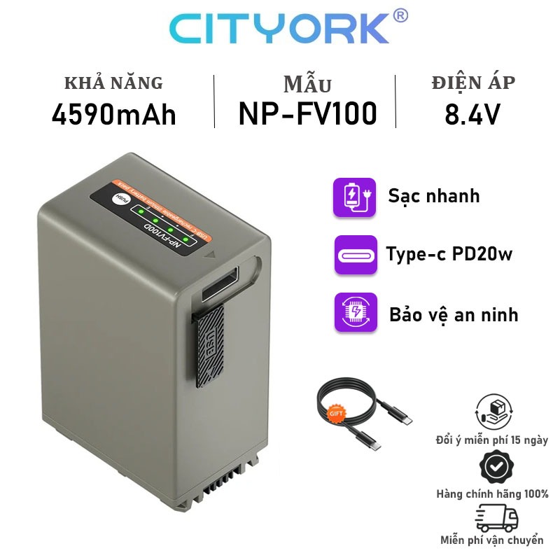 Pin máy ảnh CITYORK NP-FV100 Sạc Type-c thích hợp cho Sony CX300 350V 360V 610E 290