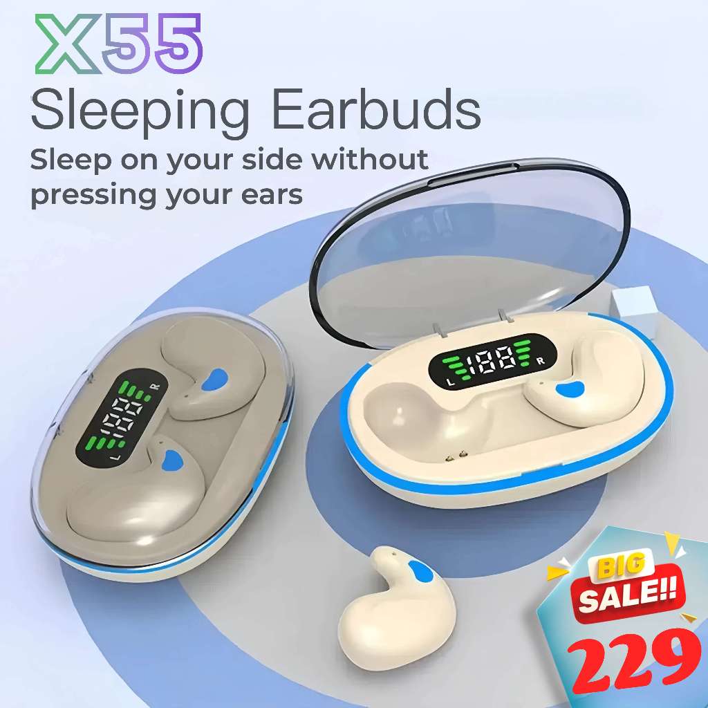 Tai nghe ngủ X55 [2 Quà tặng miễn phí] 1 Nhãn dán hoạt hình+1 Bao tay chơi game, Âm thanh nổi mức HiFi, iPX5 Chống thấm nước Tích hợp Mic, Cho tai nghe điều khiển cảm ứng IOS và Andriod