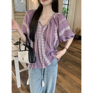 77094 Retro Phong Cách Kỳ Nghỉ Tua Rua Áo Sơ Mi Ren Nữ