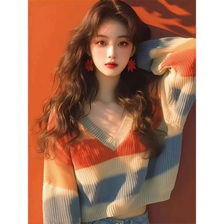 NZN Áo len dài tay sọc cầu vồng cổ chữ V dáng rộng dệt kim độc đáo và đẹp hàng đầu trước khi rơi 2024 nữ