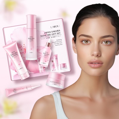 Laikou Sakura Bộ Chăm Sóc Da Radiance Serum Trẻ Hóa Kem Mịn Nhăn Mắt Kem Phai Màu Blemishes Toner 5 Chiếc