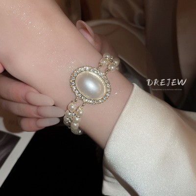 DREJEW Vòng tay tinh tế đính kim cương hai lớp phong cách ngọc trai Pháp vòng tay thời trang phong cách cung điện thích hợp ánh sáng sang trọng khí chất vòng tay bán buôn
