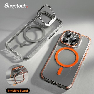 Sanptoch Cho Từ Tính Vô Hình Ống Kính Đứng Ốp Lưng Điện Thoại iPhone 16 15 14 13 12 Pro Max Ốp Lưng Chống Sốc Vỏ Bảo Vệ Giọt Quân Sự Trong Suốt Có Giá Đỡ Hợp Kim Máy Ảnh