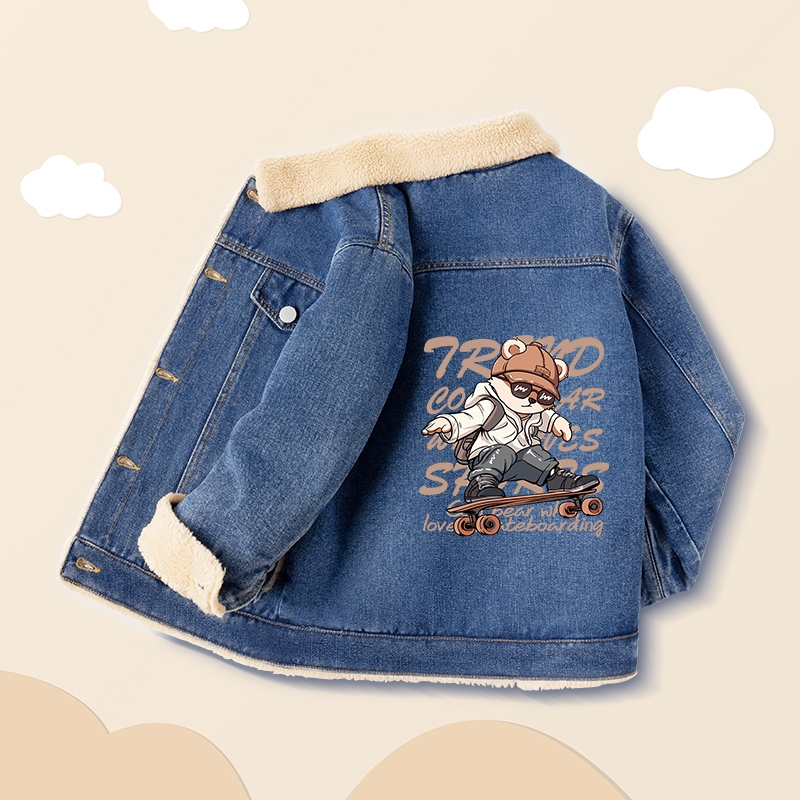 Áo khoác Denim bé trai, Áo khoác lông cừu mùa đông cho trẻ em Áo khoác thời trang có túi, Ván trượt in hình gấu trúc