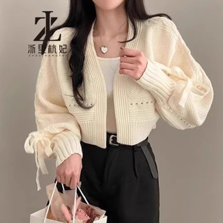 ZHELIHANGFEI Hàn Quốc Hàn Quốc sang trọng Pháp Phong cách nhẹ nhàng Thiết kế rỗng Tất cả các trận đấu Áo khoác dệt kim dài tay Nơ Áo khoác nữ