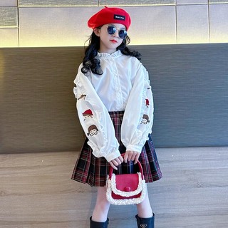  3-14 Tuổi Mùa Thu Phiên Bản Hàn Quốc Quần Áo Trẻ Em Áo Sơ Mi Bé Gái Áo Sơ Mi Trẻ Em Trung Lớn Thời Trang Áo Sơ Mi Dài Tay Màu Trắng Bé Gái Hoạt Hình Thêu Cổ Áo Ren 