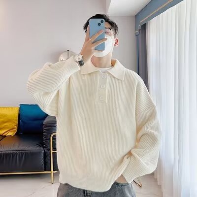 Áo len polo cao cấp mùa thu đông nam phiên bản Hàn Quốc Áo len dáng rộng hợp thời trang nam M-3XL