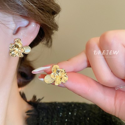 DREJEW Bạc kim loại ba chiều opal xếp li hoa bông tai bông tai bông tai thời trang sang trọng nhẹ nhàng
