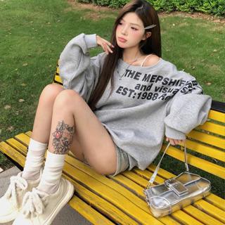 [Zestiva] áo hoodie nữ Bigsize trơn áo lệch vai tay dài Màu xám trễ vai tay dài in chữ cổ điển kiểu Mỹ dành cho nữ nguyên chất mùa thu