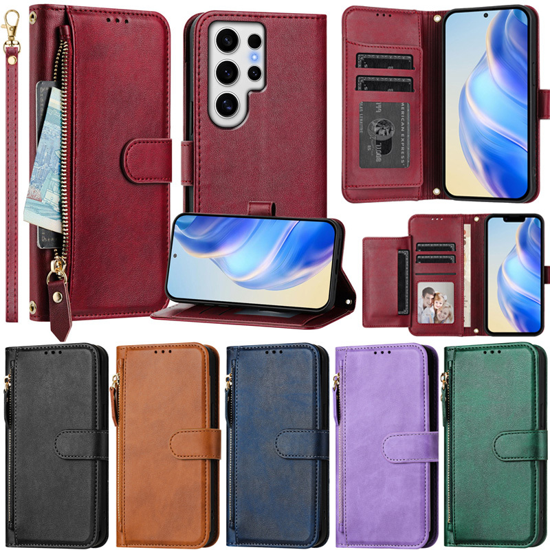 Ốp Dây Kéo Cho Samsung Galaxy S24 FE S24 Ultra A06 A16 A05S A04S A04E M13 4G S23 FE Note 20 Ultra S24 + S24 Plus M13 5G Retro Ví Da PU Mềm Flip Stand Cover