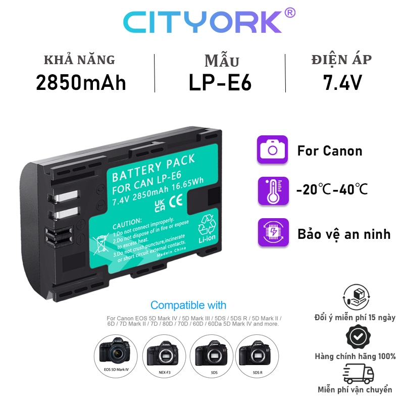 Pin máy ảnh CITYORK Canon LP-E6NH LP-E6 thích hợp cho EOS 5D Mark II/EOS 7D và EOS60D/EOS6D/70D/80D