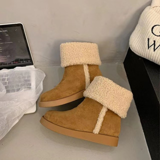 Giày Bốt Tuyết Nữ Mùa Đông Phong Cách Mới Lót Lông Cừu Đế Dày Giữa Ống Cotton Giày Bốt Phong Cách Anh Mũi Tròn Chống Trơn Trượt Mar