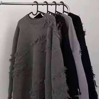  Mỹ Retro Phố Cao Cấp Rách Áo Len Nam Nữ Thu Đông Phong Cách Lười Thiết Kế Cao Cấp Niche Áo Len 